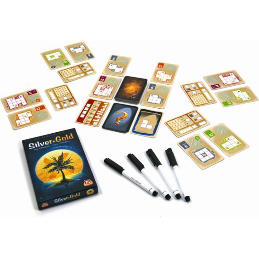 Silver & Gold schrijfspel uitleg in het Nederlands waarin je slim een soort Tetris vormen moet aankruisen op je kaartje